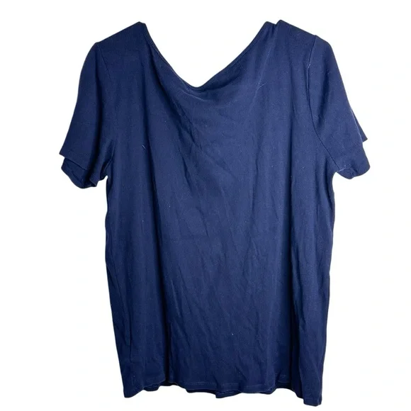 Ralph Lauren Navy Blue Ruffled Scoop Neck Ribbed Short Sleeve Cotton Shirt, 1X - Picture 2 of 6
